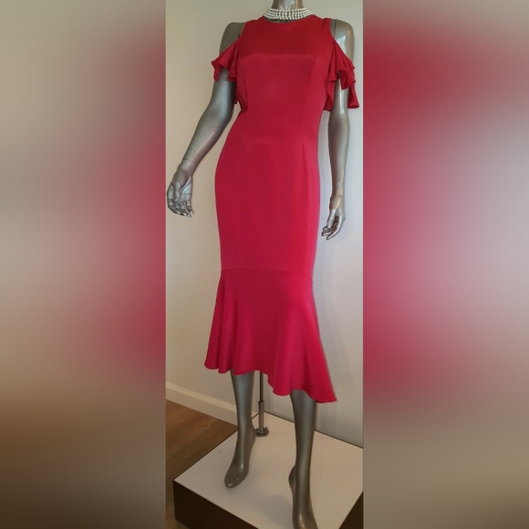 $700 THEIA RED SILK LOVE RUFFLE RUNWAY DRESS GOWN US 0, 2, 4, 6, - Picture 6 of 14
